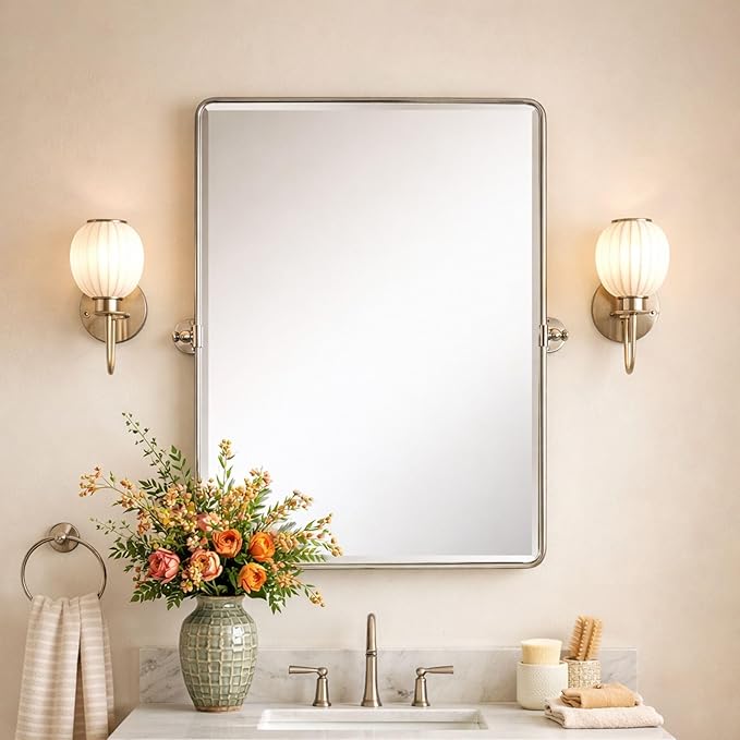Farmhouse Pivot Rectangle Bathroom Mirror Brushed Nickel Metal Framed Tilting Beveled Vanity Mirrors for Wall, Overall 27.91x 30 inches (Mirrror 24 x 30 inches)