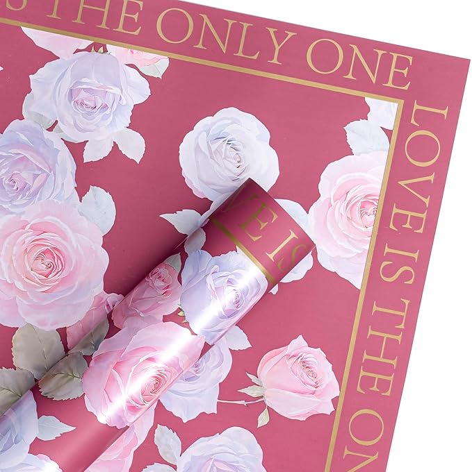 WRAPAHOLIC 20 Sheets Red Flower Wrapping Paper - 22.4 x 22.4 inch Rose Design Water-Resistant Floral Bouquet Wrapping Paper, Florist Supplies Packaging for Wedding Birthday Gift DIY