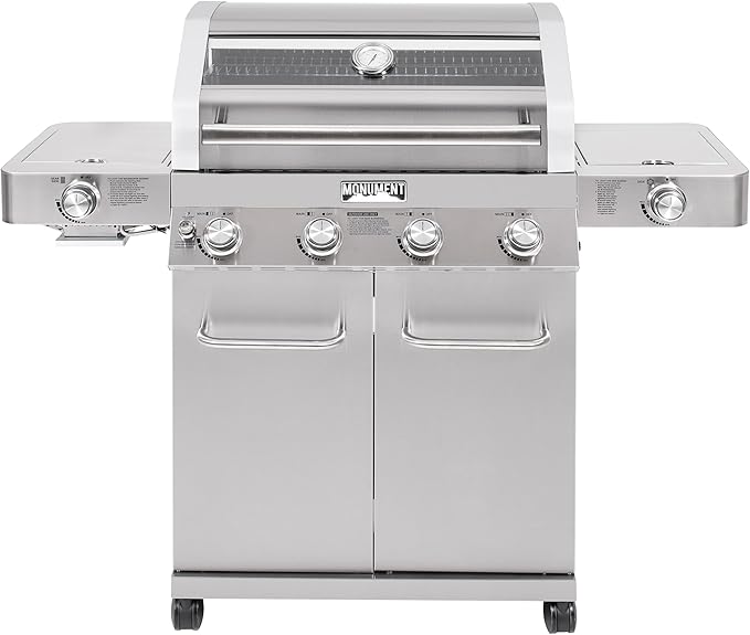 Monument Grills 4+2 Burner 700 sq.in. Large Cabinet Style Stainless Steel Propane Gas Grill with a Clearview® Lid, an Infrared Side Sear Burner & a Side Burner, and a Built-In Thermometer