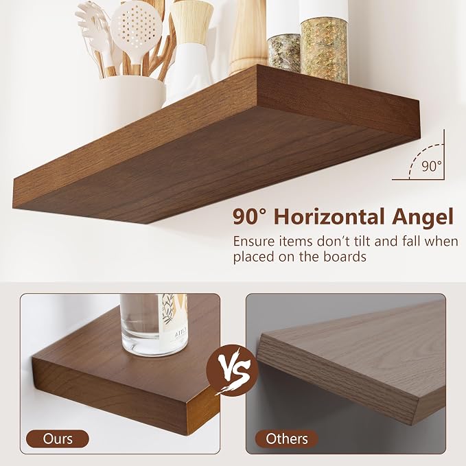 fuqing Rustic Floating Shelves, Wooden Floating Shelves for Wall Set of 3, Wall Mounted Dark Wood Shelves for Living Room Bedroom Bathroom Kitchen - Dark Walnut