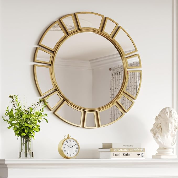 CozyDH Retro Gold Sunburst Mirror Decor - 24 inch Round Wall Mirror Decorative with Metal Frame Modern Bohemian Sun Art Decor Mirror for Entryway Bedroom Living Room Hallway Bathroom Fireplace
