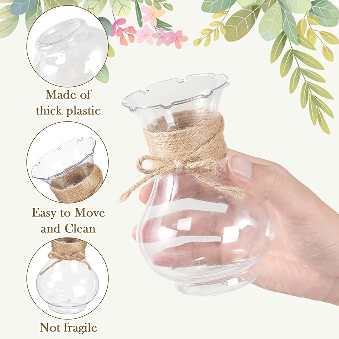 12 Pack Plastic Vases for Flowers with Jute Twine, Flower vasevases for centerpieces, Lightweight Plastic Vases for Centerpieces for Home Party Wedding Deco