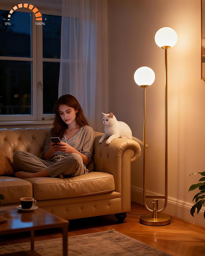 63IN Dimmable Floor Lamp with Shelf, Unique Globe Gold Tall Standing Lamps with 2 Bulbs, 3000K Warmwhite Mid Century Modern Floor Lamp with 5Lbs Heavy Base for Living Room/Bedroom