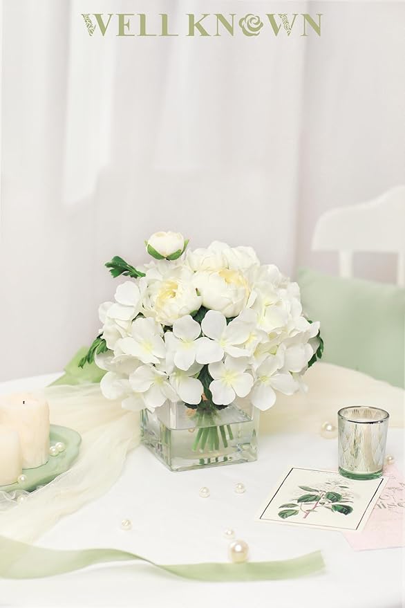 WELL KNOWN Fake Flowers in Vase, Hydrangea Ranunculus Artificial Flowers with Vase, Silk Faux Floral with Faux Water Arrangements Centerpiece for Office Dining Table Home Hotel Wedding Decor (White)