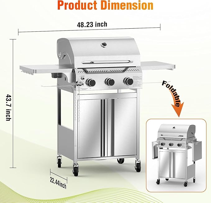 Electactic Propane Gas Grill, 3-Burner 24,000 BTU Stainless Steel BBQ Grill with Foldable Shelf for Outdoor Barbecue and Cooking