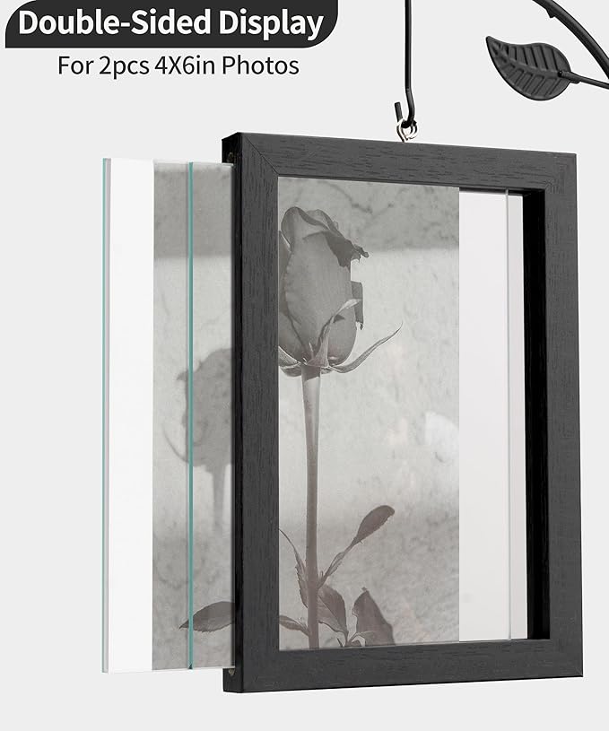 Afuly 4x6 Picture Frame Black with Metal Stand Glass Vase, Double Sided Glass Photo Frames, Wood Picture Frames Desk Modern Home Decor Anniversary wedding Gift for Couple Grandma Mom