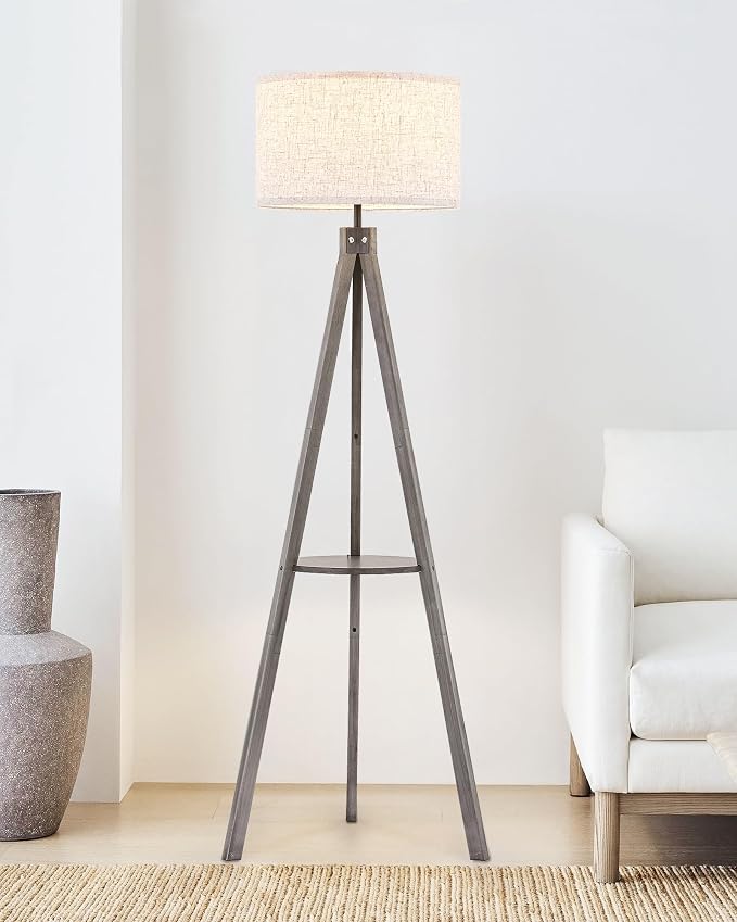 ELYONA Farmhouse Wood Tripod Floor Lamp with Table, Modern Reading Standing Lamp with 3 Color Temperatures LED Blub & Linen Shade, Shlef Coner Light for Living Room, Bedroom, Study Room, Office, Grey