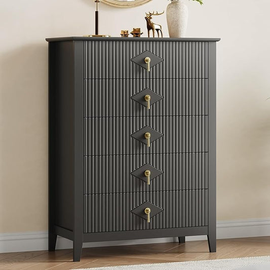 GarveeHome Fluted Dresser for Bedroom, 42.9" Tall 5-Drawer Wood Dresser, Modern Chest of Drawers, Storage Organizer Cabinet for Living Room, Hallway, Entryway, Black