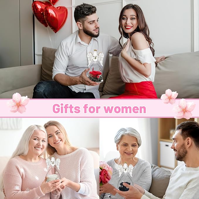 Yamonic Mom Birthday Gifts for Mom, Angel Figurines with Real Rose Gifts for Her Mom Grandma,Preserved Rose Angel Figurines for Women, Mothers Day Christmas Valentine's Day Gifts for Women (Black)