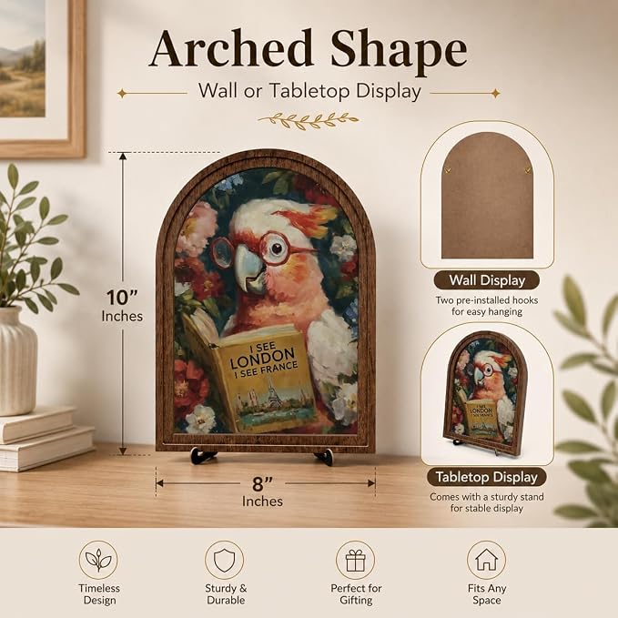 Book Lover Decor Arched Wooden Frame Tabletop Sign, Funny Reading Bird Bookshelf Decor for Desk Shelf and Reading Nook, Vintage Floral Parrot Art Accent