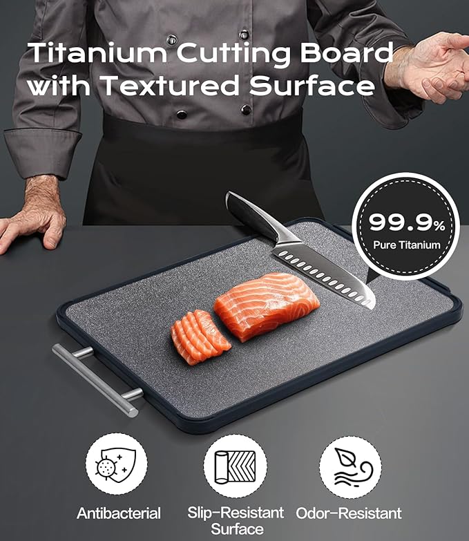 Titanium Cutting Board for Kitchen- Non Toxic Cutting Boards with Double Sided, Textured Food-Grade Pure Titanium Side for Chopping Meat, PP Side for Vegetables, Easy to Clean(14.5”×11”, 1 PC)