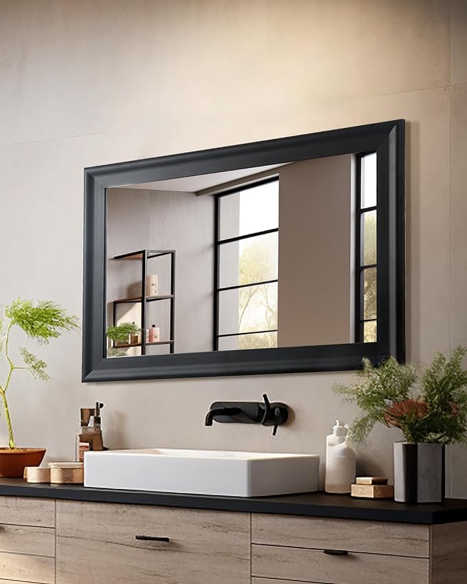 CULER Black Wall Mirror for Bathroom,Rectangle Rustic 24 x 36 inch Hanging VanityMirrors with Wood Grain Pattern for Living Room,Bedroom,Entryway
