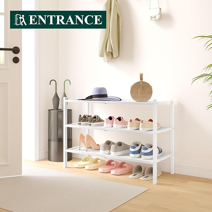 Smiry Bamboo Shoe Rack, 3 Tier Shoe Organizer for Entryway & Closet, Stackable Free Standing Storage Shelf for Shoes, Bags & Plants, White