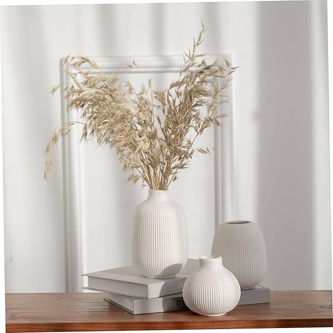 3Pcs Ceramic Vases, Ribbed Vase Set, Minimalist White Home Decor for Farmhouse, Coffee Table, Bookshelf Ceramic Vase