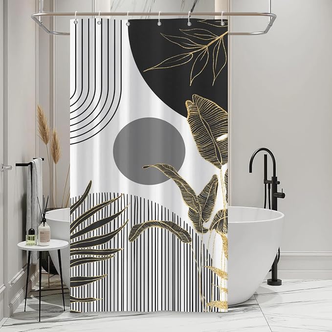 Mid Century Boho Shower Curtain, Abstract Modern Sun Minimalist Aesthetic Shower Curtain, Bohemian Geometric Arch Curve Leaves Neutral Art Fabric Bathroom Curtains Black 36x72 inch