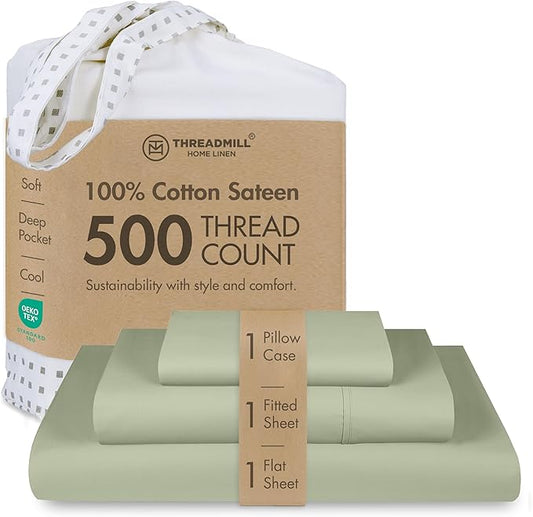 Threadmill - 5 Star Hotel Twin Sheet Set 100% Cotton Sheets, 500 Thread Count, Deep Pocket, Snug Fit, Soft & Crisp Best Bedding Sheets Set 3 Piece Set (Twin, Sage Green)