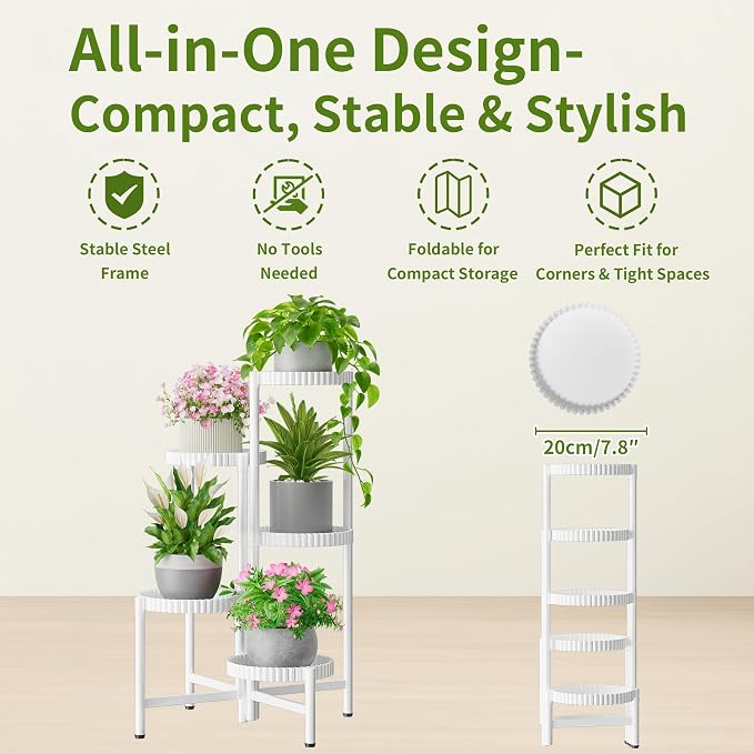 5 Tier Large Plant Stand Indoor with 7.9 Inch Wide Tray, Tiered Corner Metal Outdoor Flower Display Holder Shelf, Folding Tall Rack for Patio Porch Living Room Balcony - WhiteFloroma