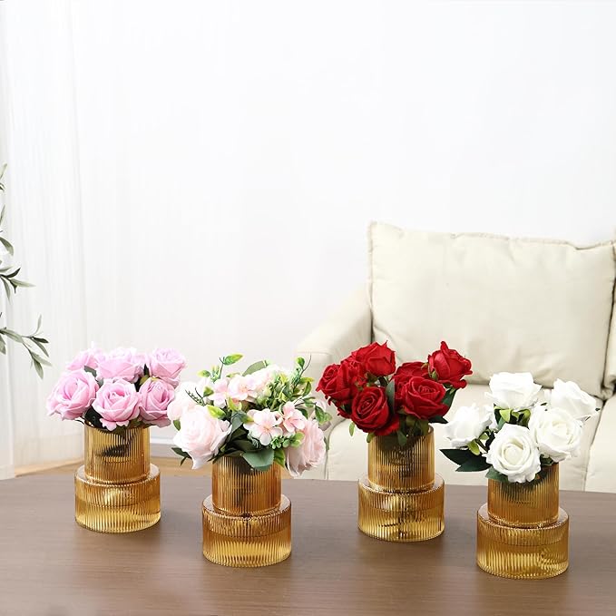Ribbed Glass Vases, Set of 4 Small Vases for Flowers, Amber Glass Vase for Tulips, Modern Vase for Living Room, Kitchen, Office, Entryway, Bookshelf, Wedding Gifts, Birthday, 6 Inches