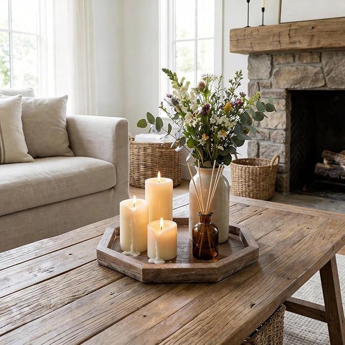 Large Wood Trays Home Decor Farmhouse Candle Holder Plate for Coffee Table Rustic Wooden Decorative Tray Vintage Table Centerpiece for Living Room Kitchen Counter Decor and Bathroom Accessories Trays