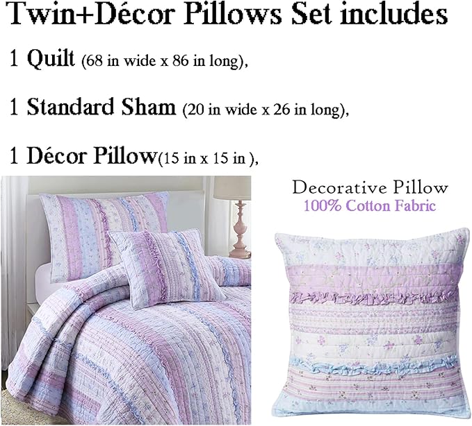Cozy Line Home Fashions Shabby Chic Romantic Lace Purple Blue Floral Cotton Bedding Quilt Set, Reversible Coverlet, Bedspread (Lavender, Twin-3 Piece: 1 Quilt+1 Sham+1 Decor Pillow)
