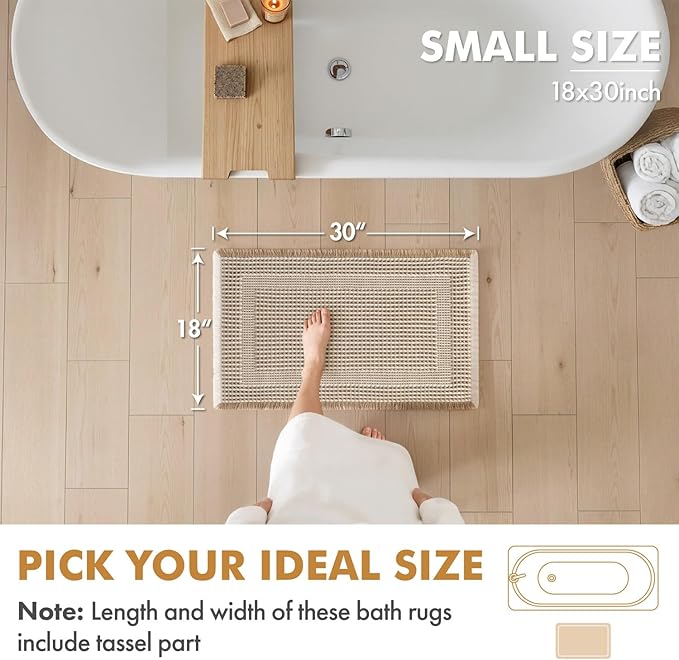 MIULEE Set of 2 Waffle Bathroom Rugs, Boho Bath Rug Super Absorbent, Non Slip Washable Ultra Soft Rubber Backed Beige Bath Mats for Floor, Tub, Shower, Looped Design, Brown & Cream, 18x30 Inch
