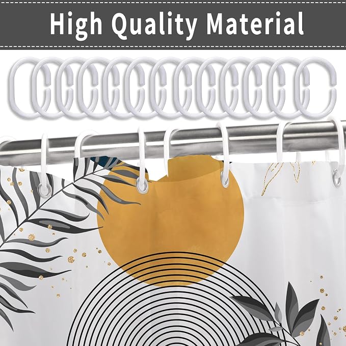 Boho Mid Century Shower Curtain, Orange Blue Modern Minimalist Abstract Geometric Gold Plant Leaves Arch Bathroom Curtains Waterproof Fabric Buthtub Curtain Set with Hooks 72" Wx72 L