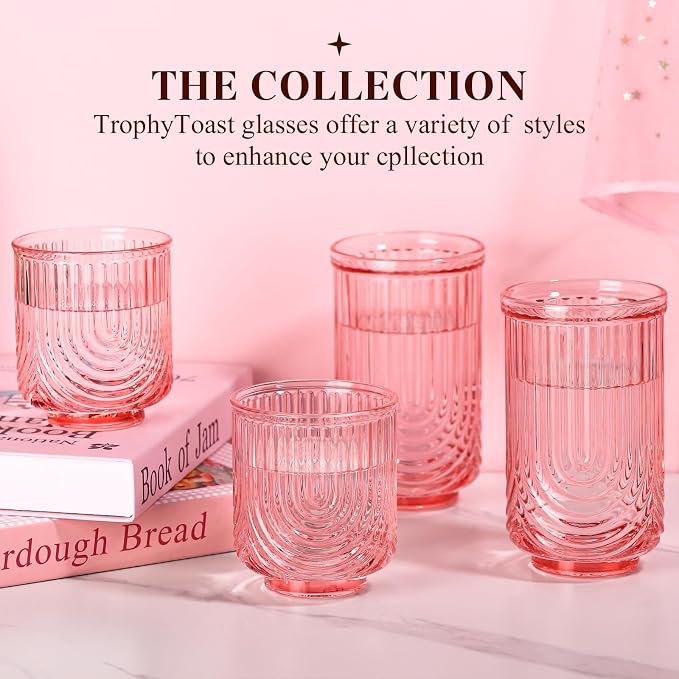 Pink Vintage Drinking Glasses Set of 6-17oz Hand-Blown Highball Ribbed Glassware, Arch Design Cocktail Glasses for Whiskey Water Beverages Ice Coffee Juice Milk