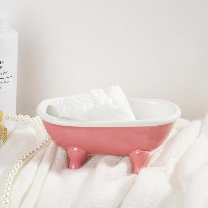 5.7" Ceramic Mini Clawfoot Bathtub Bar Soap Dish, Decorative Bar Soap Holder for Shower, Bathroom & Kitchen Sink (Pink)