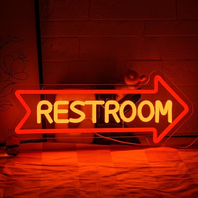 Restroom Neon Signs for Wall Decor Restroom Led Sign Dimmable USB Bathroom Neon Light with Arrow Toilet Bathroom Signs for Home Bar School Shopping Mall Hotels Hospitals