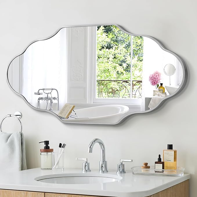 Scalloped Mirror for Bathroom - 24"x36" Silver Bathroom Mirror with Aviation Aluminum Alloy Frame & Shatter-Proof Glass for Living Room Bedroom Entryway, Brushed Silver Frame(x1)