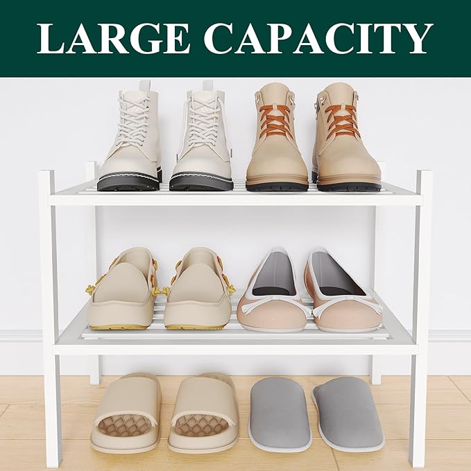 Smiry Small Bamboo Shoe Rack 2-Tier, Stackable Wooden Shoe Organizer for Entryway & Closet, Free Standing Wood Shoe Storage Shelf for Front Door & Small Spaces, White