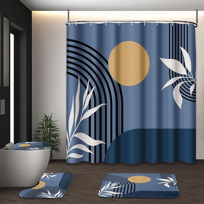 Boho Mid Century Shower Curtain Set with Toilet Lid Cover and Non-Slip Rugs, Abstract Geometric Blue Background 4 Pcs Modern Minimalist Vintage Shower Curtain for Bathroom Set with 12 Hooks