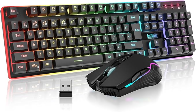 RedThunder K10 Wireless Gaming Keyboard and Mouse Combo, RGB Backlight Rechargeable 3800mAh Battery, 26-Key Anti-ghosting Keyboard + 7D 3200DPI Mice for PC Gamer