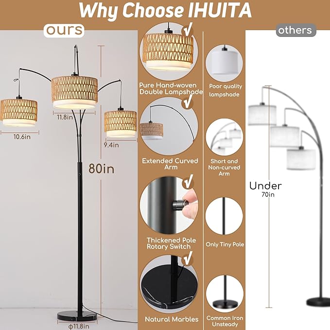 Arc Floor Lamp for Living Room, 80 Inch Rattan Floor Lamp with Rotary Switch, 3 Lights Boho Tall Lamp with Wicker Shade for Coastal,Bohemian,Tree Farmhouse Standing Lamp