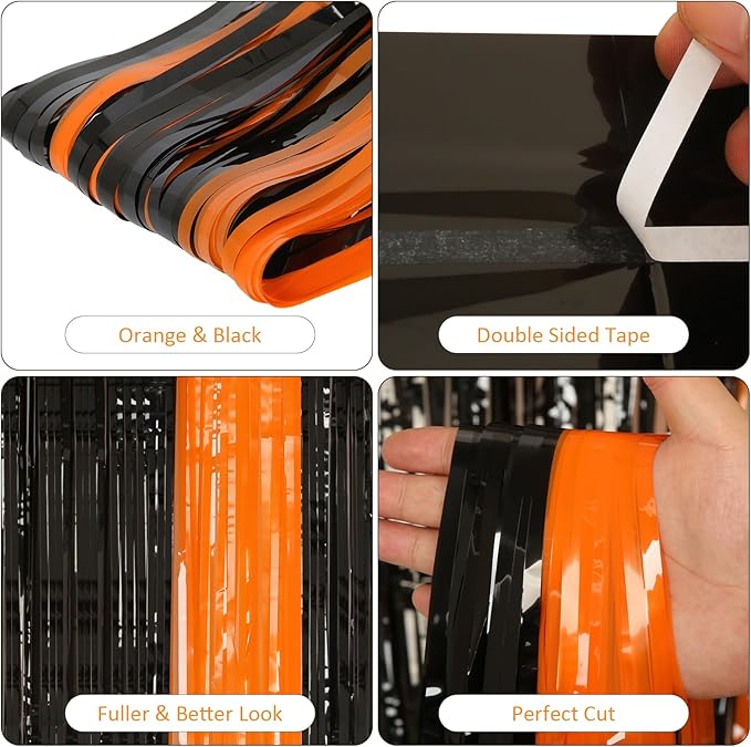 2 Pack Black and Orange Tinsel Foil Fringe Curtain, 3.2Ftx8.2Ft Halloween Backdrop Curtains Photo Booth Props Streamers Christmas Birthday Party Anniversary Wedding Retirement Decorations