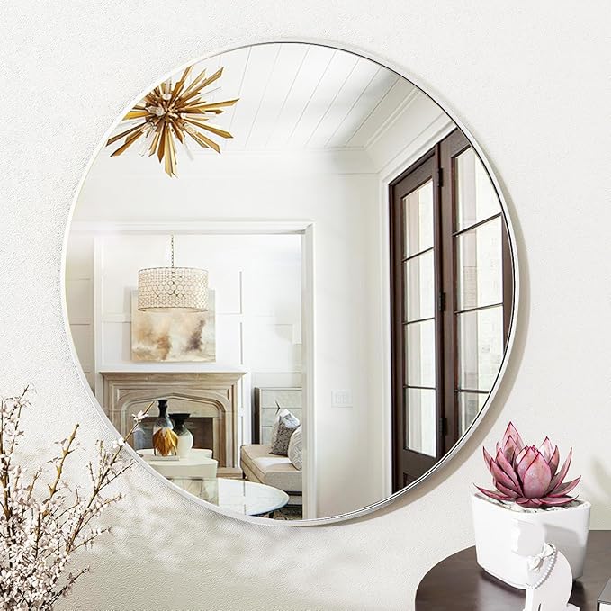 VooBang Silver Round Bathroom Mirror, 30 inch Circle Wall Mounted Hanging Mirror with Simple Modern Circular Metal Frame for Hallway, Entryway, Living Room, Silver Frame