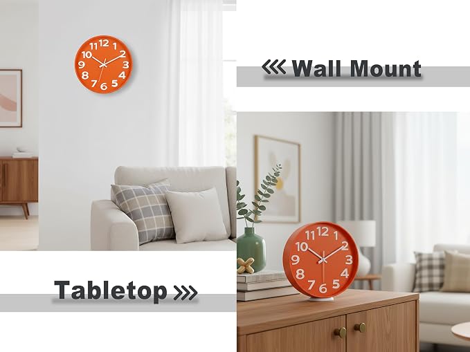 45MinST 12-Inch Modern Indoor Outdoor Wall Clock, Minimalist Orange Design, Silent Non-Ticking, Large Numbers, Perfect Decorative Accent for Home or Office (Orange)