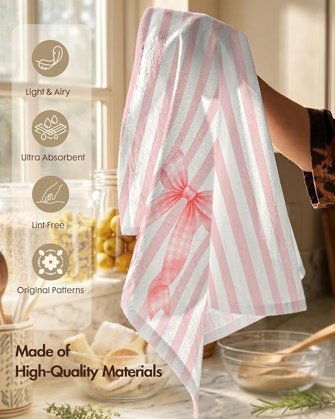 Miss Adola 2 Pack Flour Sack Kitchen Towels - 16x26 Inch Cotton Dish Towels with Hanging Loop Reusable Geometric Cute Modern Retro Tea Towel Absorbent Dishcloths Home Decor, Pink Bow