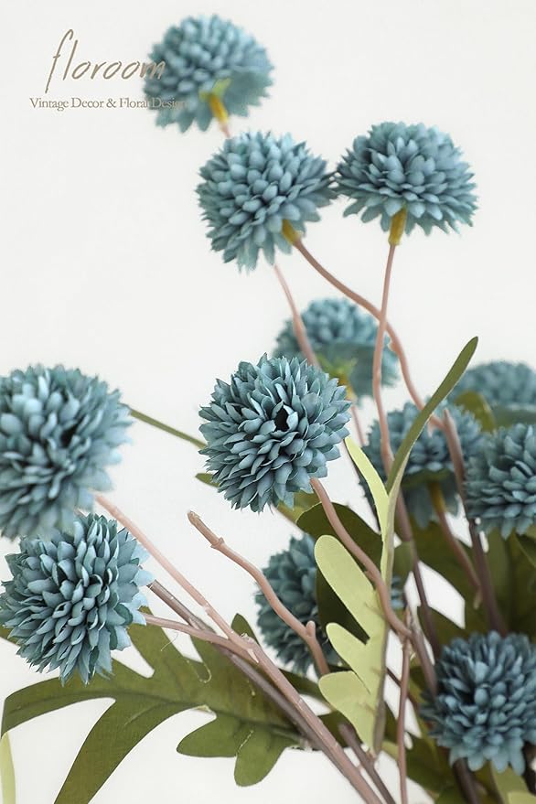 Floroom 6pcs Dusty Blue Faux Silk Mums Artificial Flowers, Bulk Fake Small Mini Chrysanthemums with Stems for DIY Slate Blue Wedding Centerpieces Floral Arrangements Vase Fillers Home Decorations