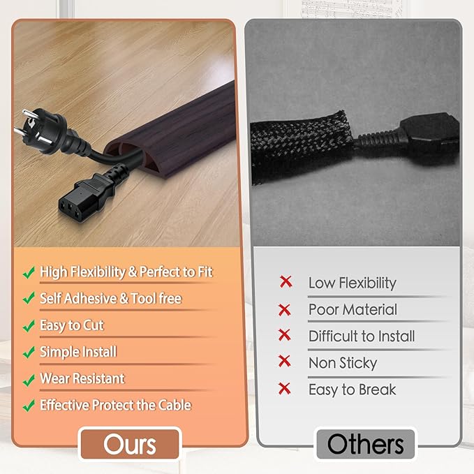 Floor Cord Cover for Wires on Floor Self Adhesive Cord Hider Floor Cable Management Wire Covers for Cords Protector Prevent Cable Trips Cord Cavity W 0.51" x H 0.31", Black Walnut, 20Ft