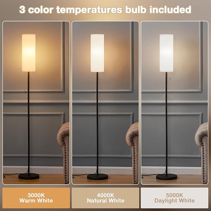 Ambimall Floor Lamp with 3 Color Temperatures Bulb Set of 2, 64" Standing lamp with Linen lampshade for Bedroom, Minimalist Pole Lamp, White Shade & Black Pole
