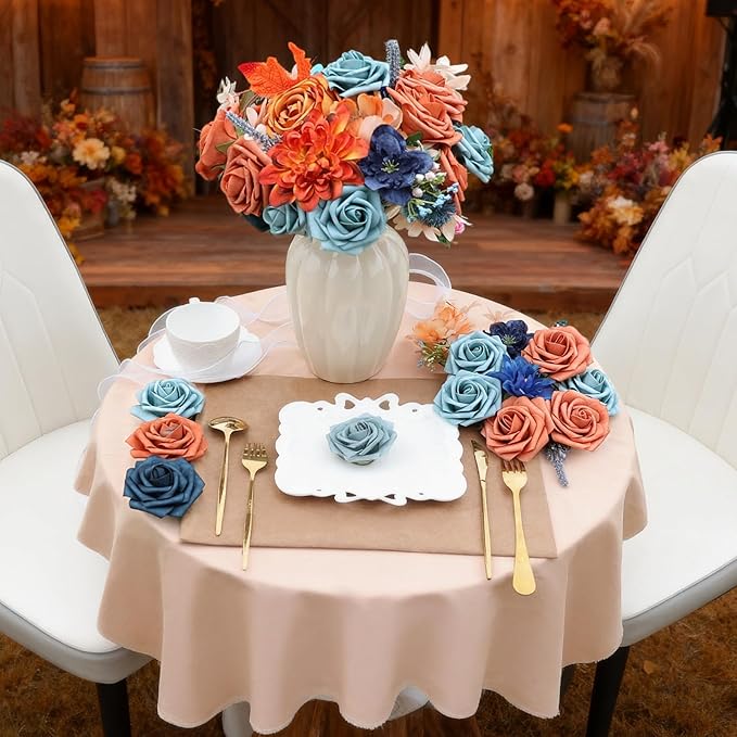 SwanMoon Artificial Flowers Combo Box Set, Halloween 26pcs Orange Silk Roses & Daisy with Stems for DIY Wedding Bouquets, Autumn Party Centerpieces & Home Decor