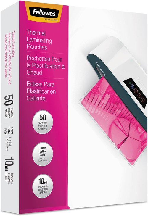 Fellowes Laminating Pouches - Glossy Finish, 10 Mil Thickness, 11.5" x 9" | 50 Pack