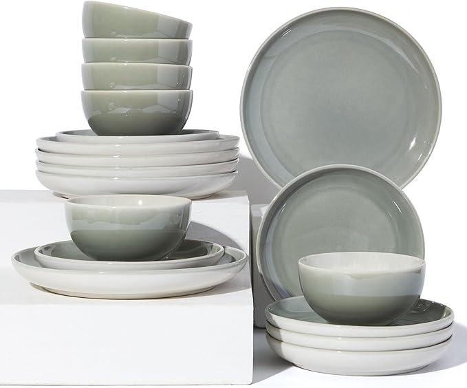 Pokini Stoneware Dinnerware Sets for 6, Microwave Safe Plate and Bowl Set, Easy to Clean & Durable Dishes Sets for Small to Medium Families, Gray Green