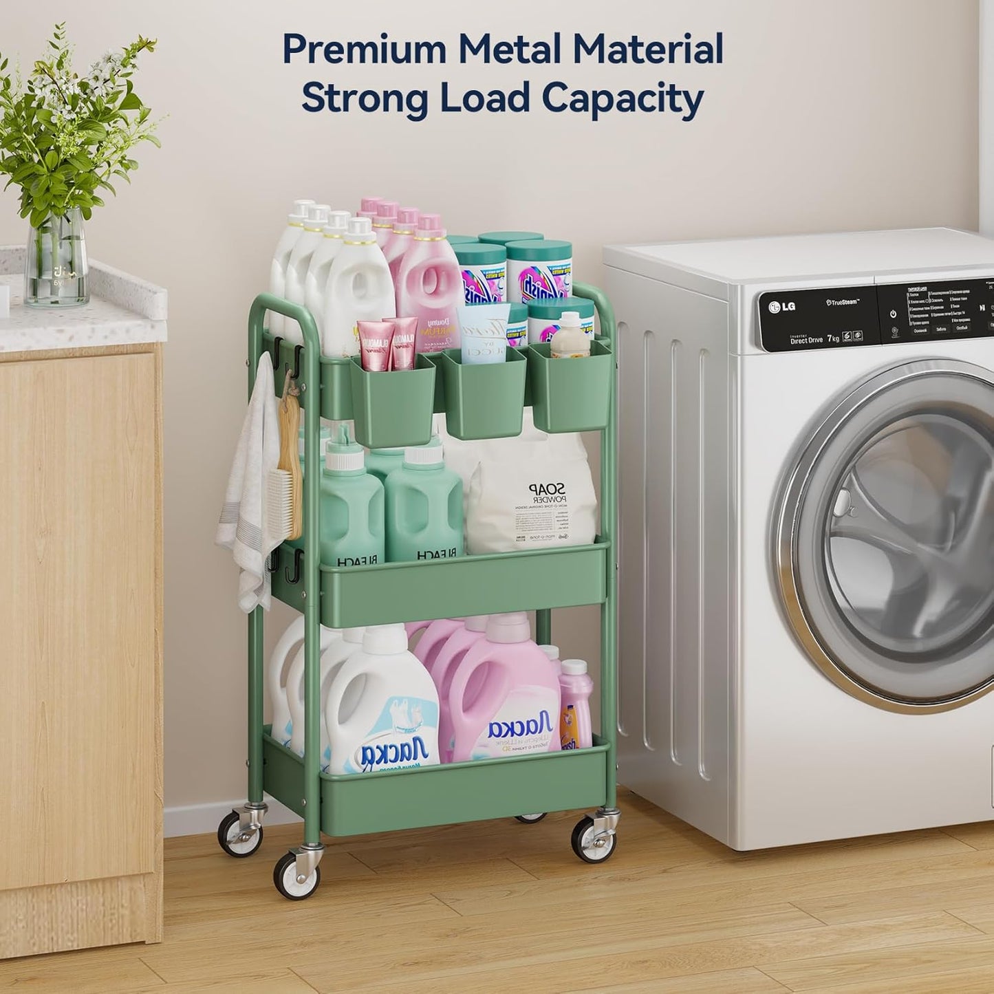 YASONIC 3-Tier Rolling Cart - Green Mesh Storage Organizer with Lockable Wheels & Hooks | 66 lbs Capacity