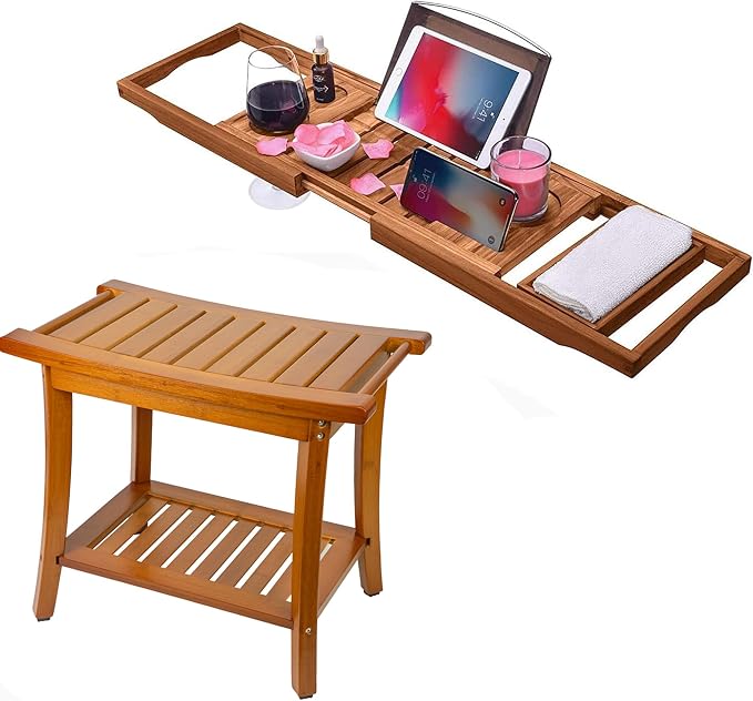 Utoplike Teak Bathtub Caddy Tray Bath Tray for Tub, Bamboo Shower Bench with Storage