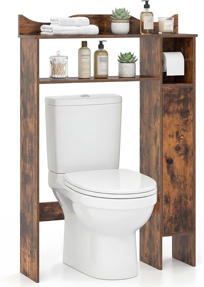 Tangkula Over the Toilet Storage Cabinet, Bathroom Organizer with Toilet Paper Holder, Adjustable Shelves, Freestanding Behind Toilet Stand, Perfect for Bathroom, Laundry (Modern, Rustic Brown)