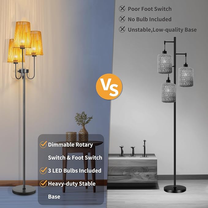 3 Lights Boho Floor Lamp for Living Room, Farmhouse Standing Lamp with Rattan Shades and Bulbs, Adjustable Color Temperature, 65" Rustic Tree Tall Lamps for Bedroom,Office, ON/Off Foot Switch
