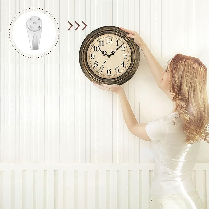 Plumeet Retro Wall Clock, 12'' Non Ticking Classic Silent Vintage Wall Clocks Decorative Kitchen Living Room Bedroom - Battery Operated