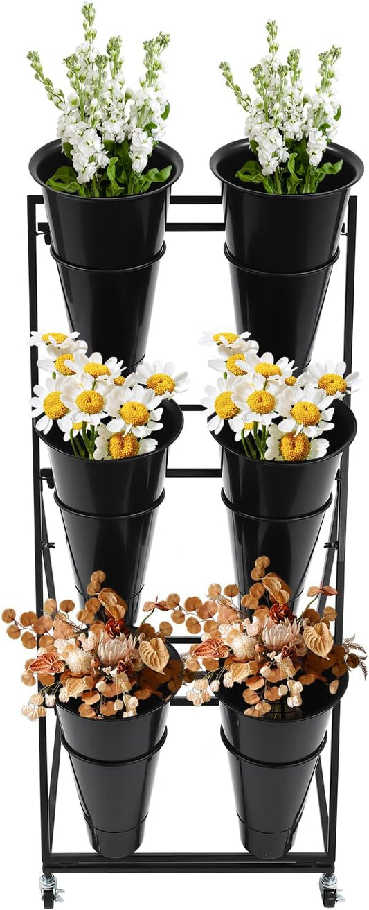 Flower Display Stand with 6 Buckets, 3 Layer Metal Plant Stand Indoor with Wheels, Heavy Duty Moving Flower Cart Flower Rack for Outdoor Patio, Garden, Florist